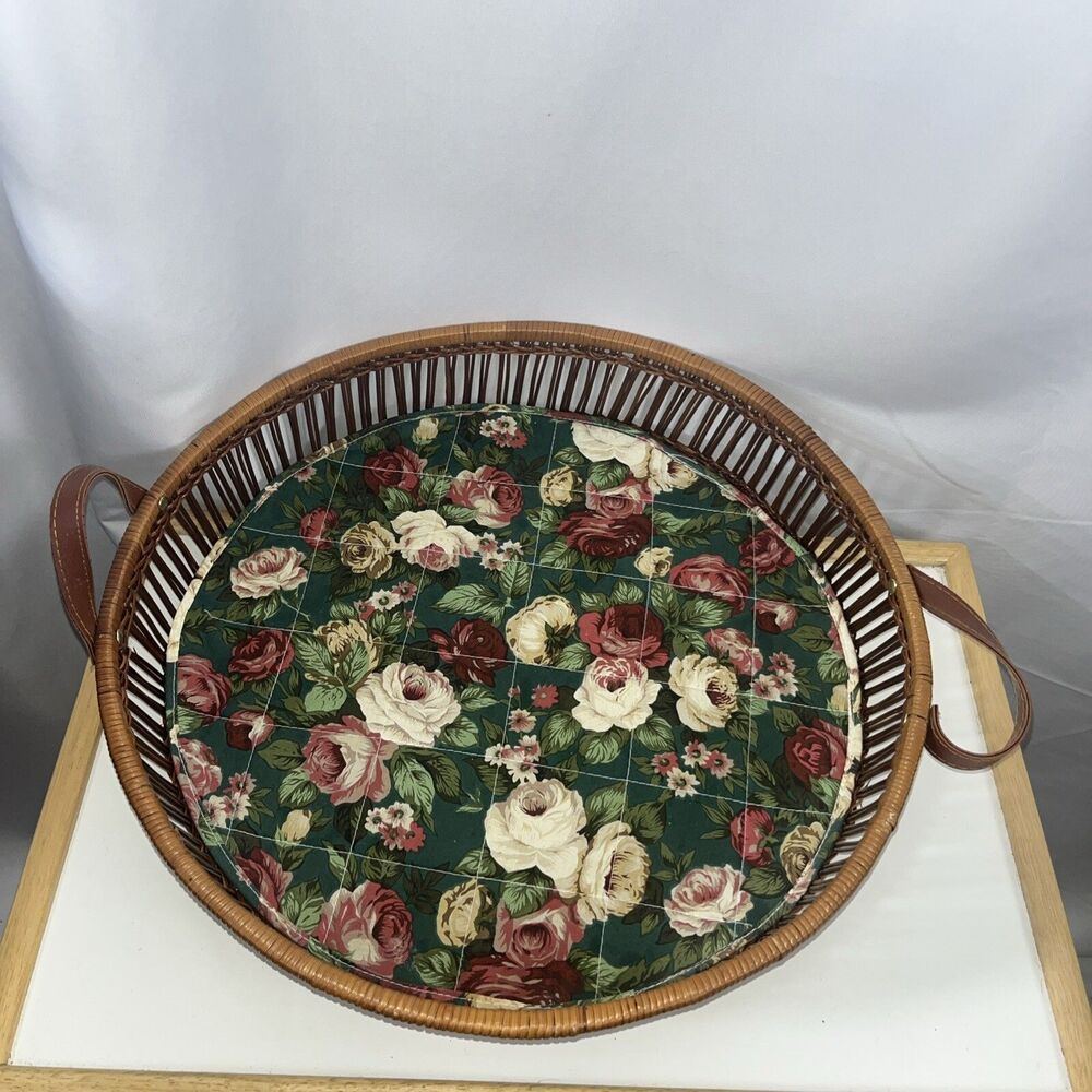 Vintage 70 Floral Roses Rattan Round Serving Tray Wicker Leather Handles